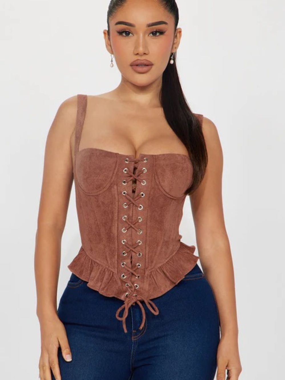 💎Fashion Nova Brown Suede Lace-Up Ruffle Hem Corset Camisole